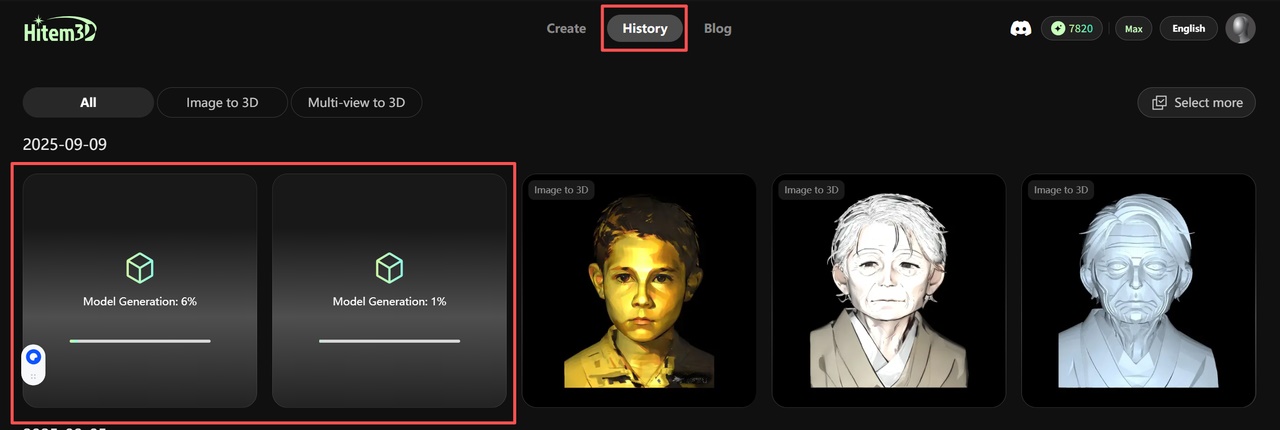 Hitem3D AI 3D model generator history page showing multiple image to 3D jobs in progress with real-time generation status
