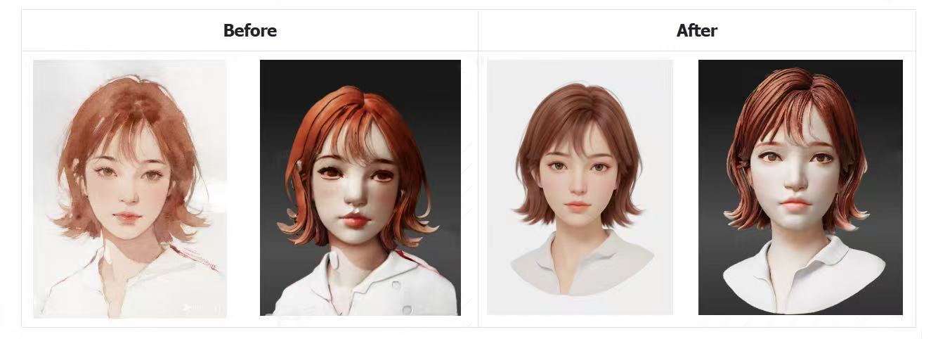 Before and after portrait 3D model of a stylized female character generated from a single image using Hitem3D AI