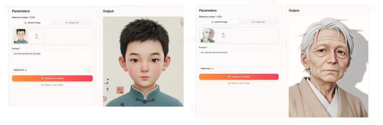 Hitem3D turning 2D portrait photos into stylized 3D character faces for both young and elderly subjects