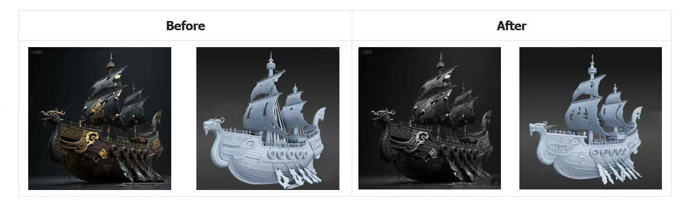 Before and after texture comparison of a fantasy warship 3D model generated by Hitem3D showing geometry only versus fully textured print ready asset