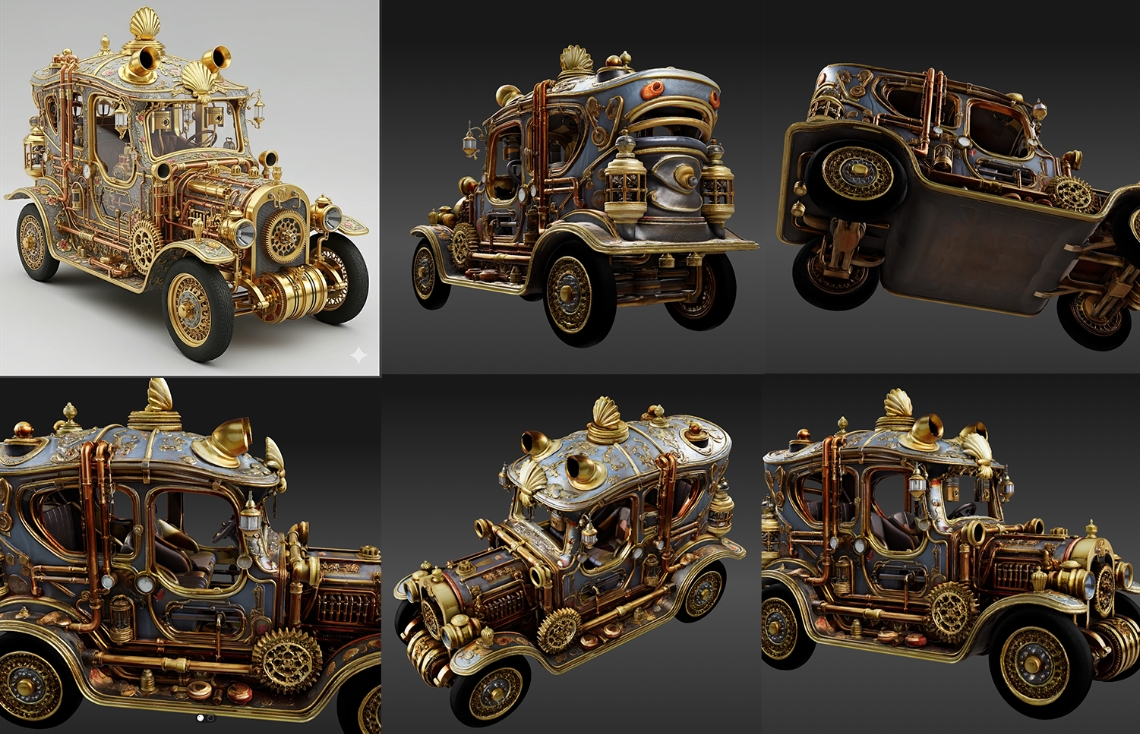 multi-view steampunk car 3D model generated from a single reference image, showing detailed mechanical parts and printable geometry