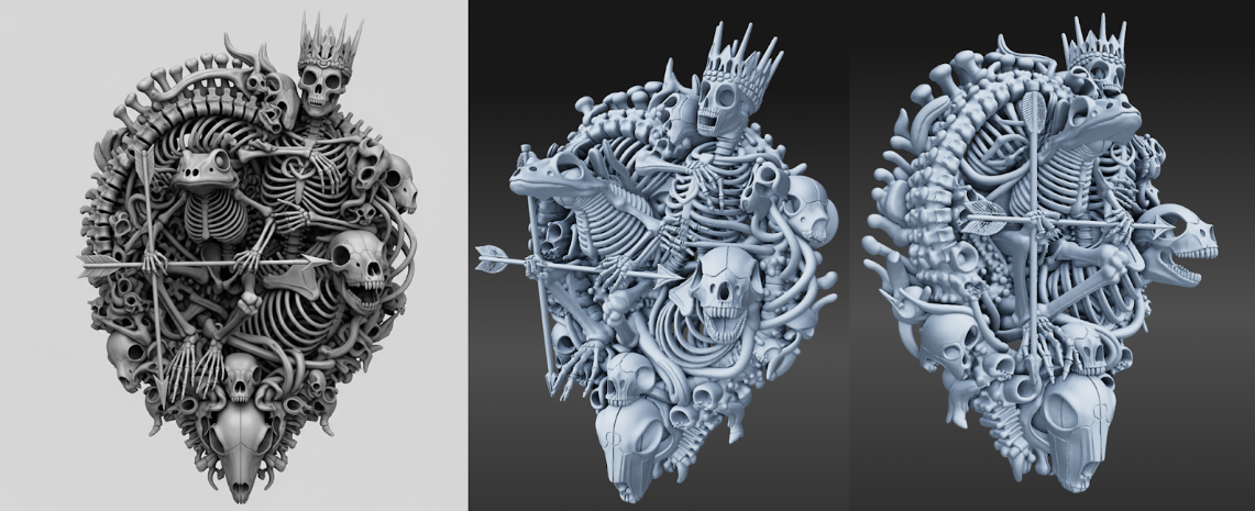 skeletal dragon and skull fantasy sculpture, multi-view 3D model generated from a single 2D artwork, showing front and back geometry for 3D printing and game assets