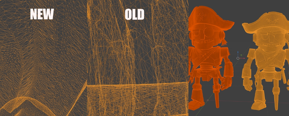 comparison of clean and messy 3D mesh topology in AI-generated character model, showing new watertight low-noise geometry versus old tangled wireframe for 3D printing and game-ready assets