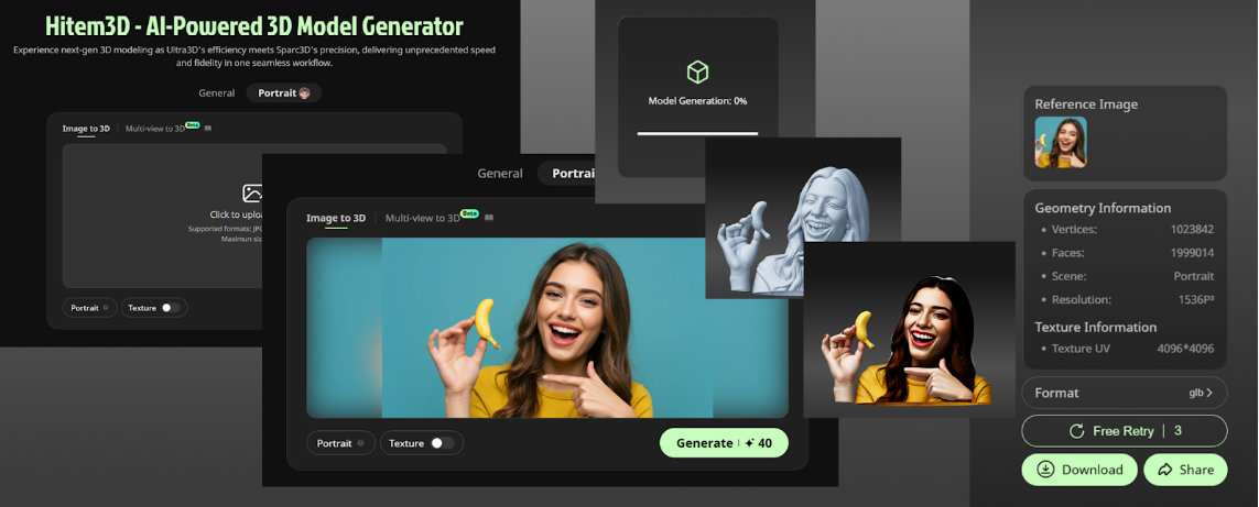 Hitem3D AI-powered 3D model generator interface showing a woman holding a banana converted from photo to high-detail textured 3D portrait with geometry and texture information for 3D printing and game assets