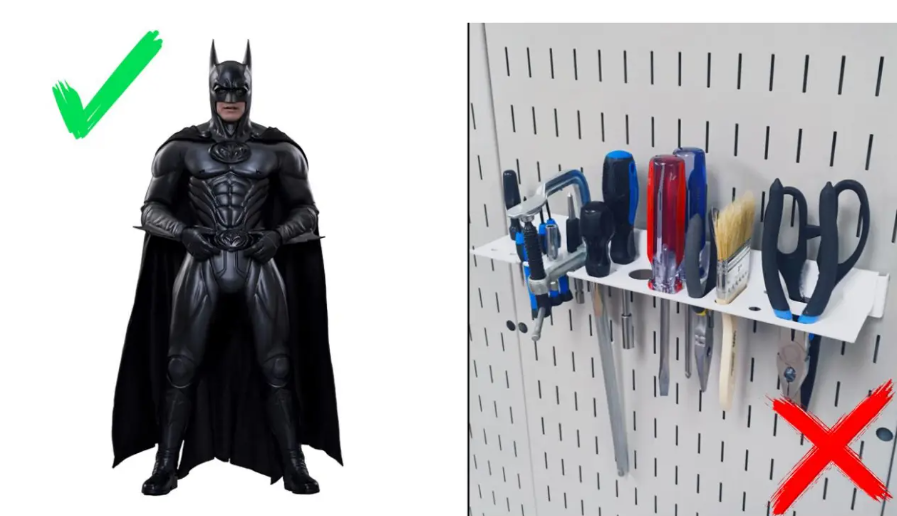 Batman character photo on a white background marked as a good reference image, contrasted with a cluttered tool wall marked as a bad example for AI 3D model generation