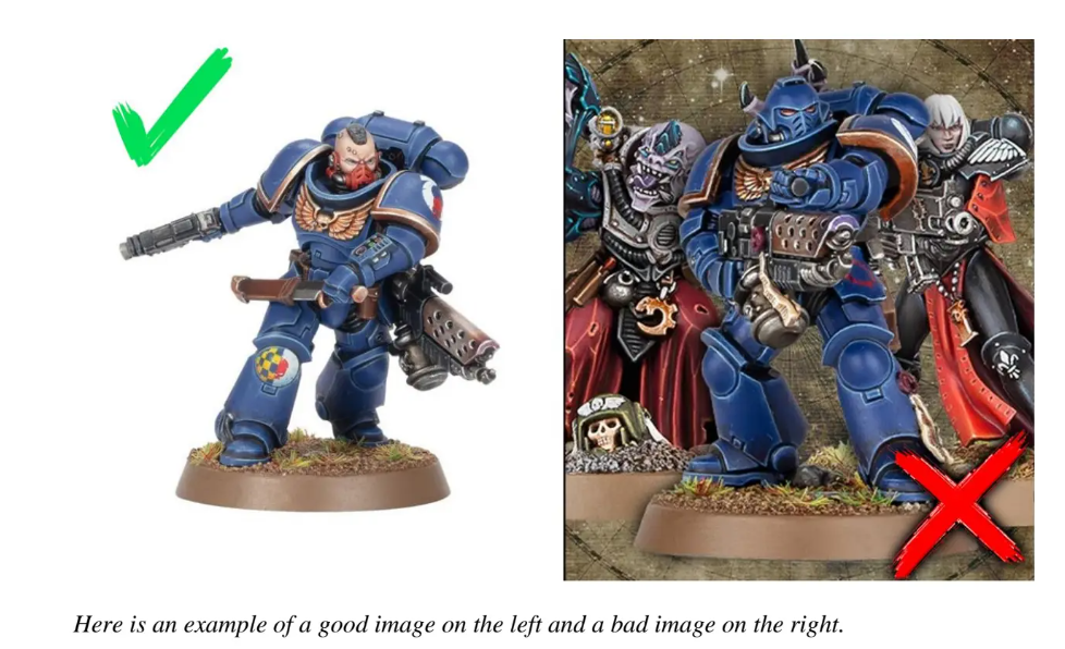 Single Warhammer-style space marine miniature on a clean white background marked as a good reference image, compared with a crowded group scene marked as a bad example for AI 3D model generation