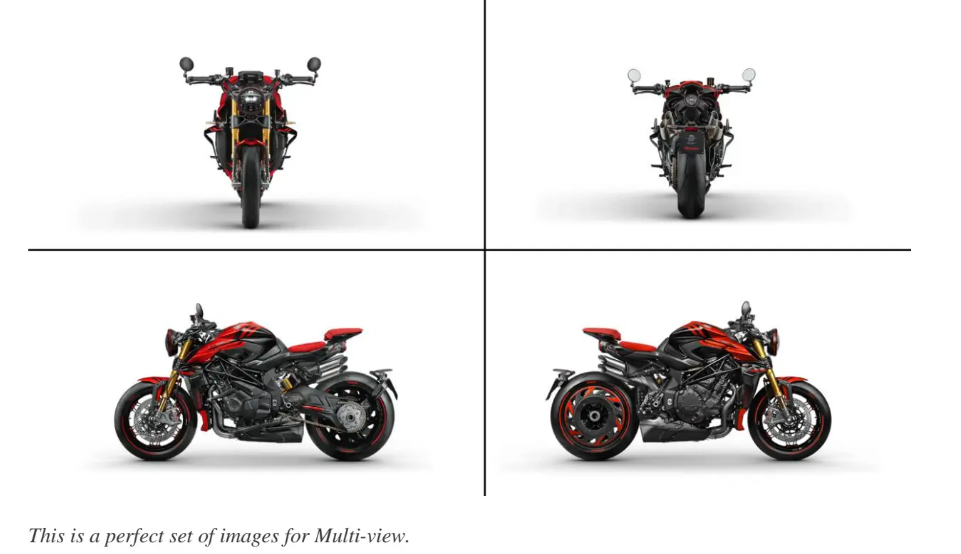 Four-view reference set of a red and black motorcycle (front, back, left, right) on a clean white background, ideal for multi-view AI 3D model generation
