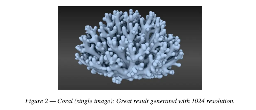 High-detail 3D coral model generated from a single image, showing dense organic geometry captured at 1024 resolution