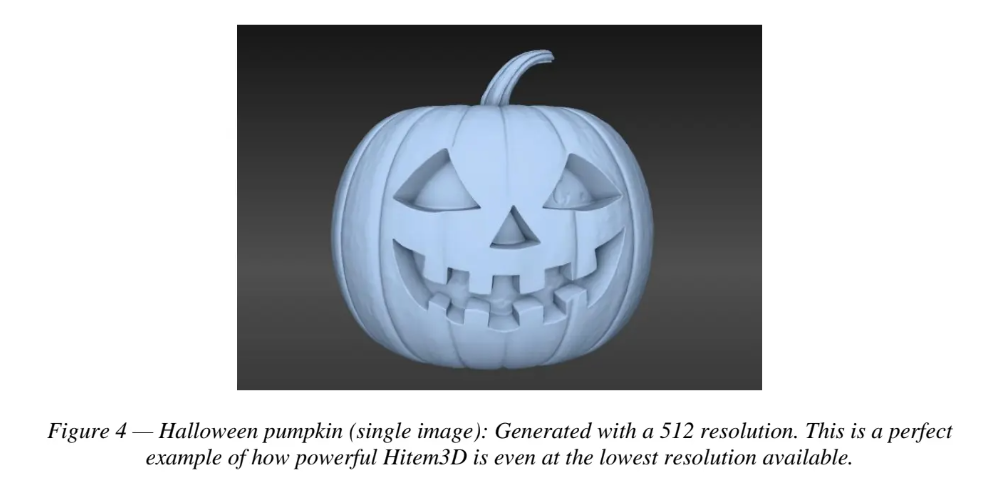 3D Halloween pumpkin model generated from a single image using Hitem3D at 512 resolution, showing clean geometry and carved face details