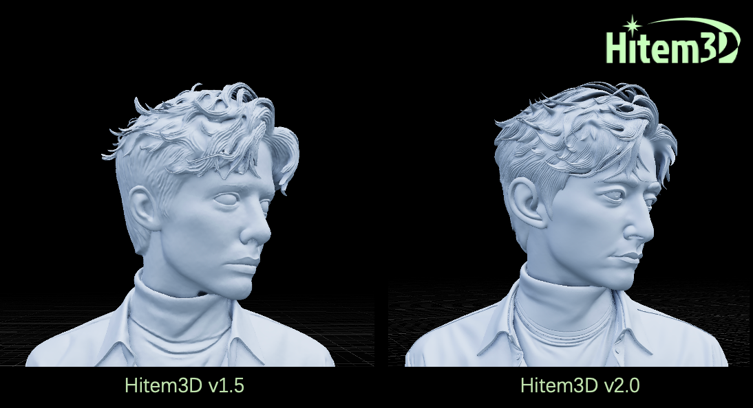 Hitem3D v1.5とv2.0の比較:ストランドレベルの髪と顔の精度
