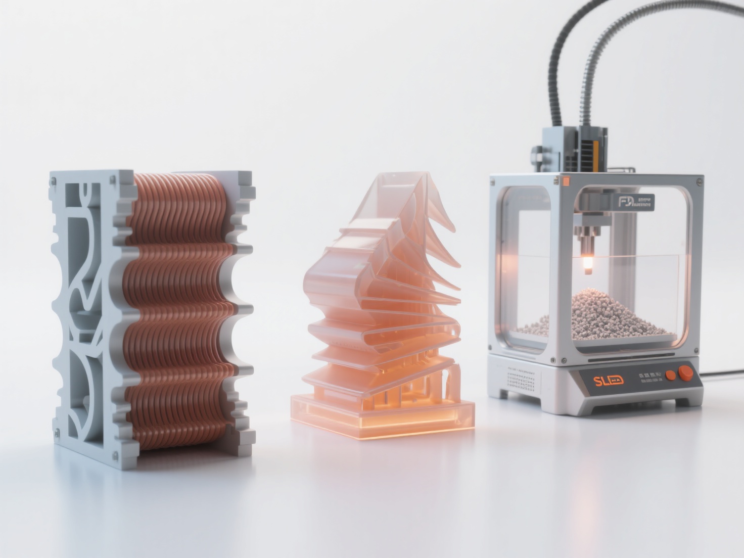 Detailed 3D render of FDM, SLA, and SLS 3D printing processes with materials