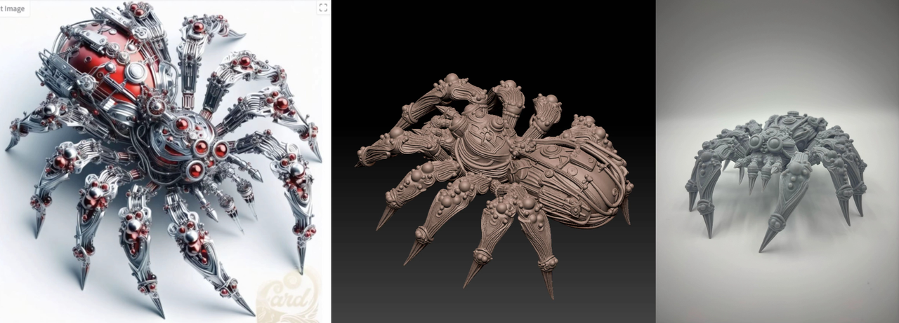 Print-grade AI-generated 3D spider model by Hitem3D shown from concept image to solid mesh and physical 3D printed object
