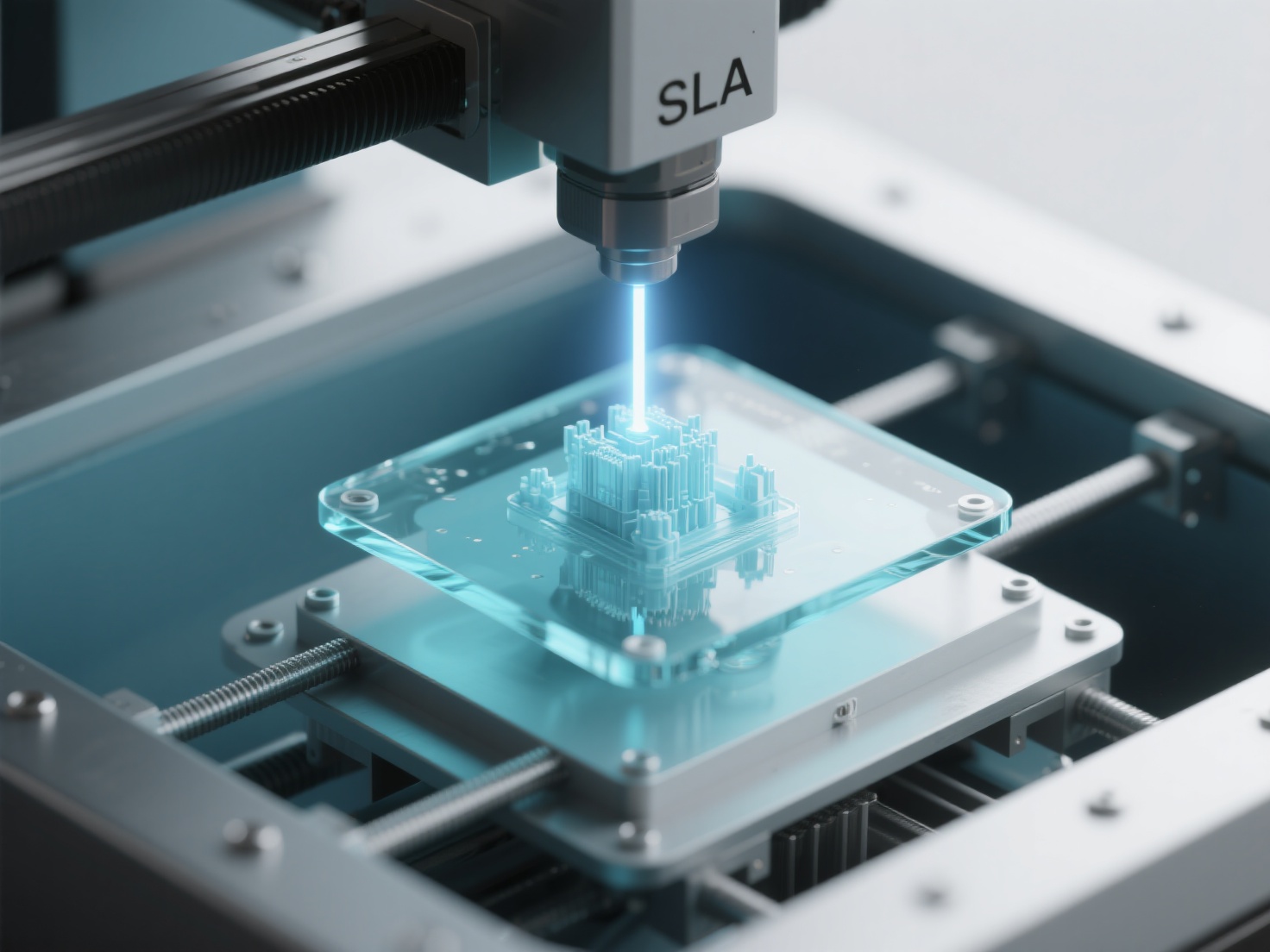 Close-up 3D render showing UV laser curing resin layer in SLA 3D printing process