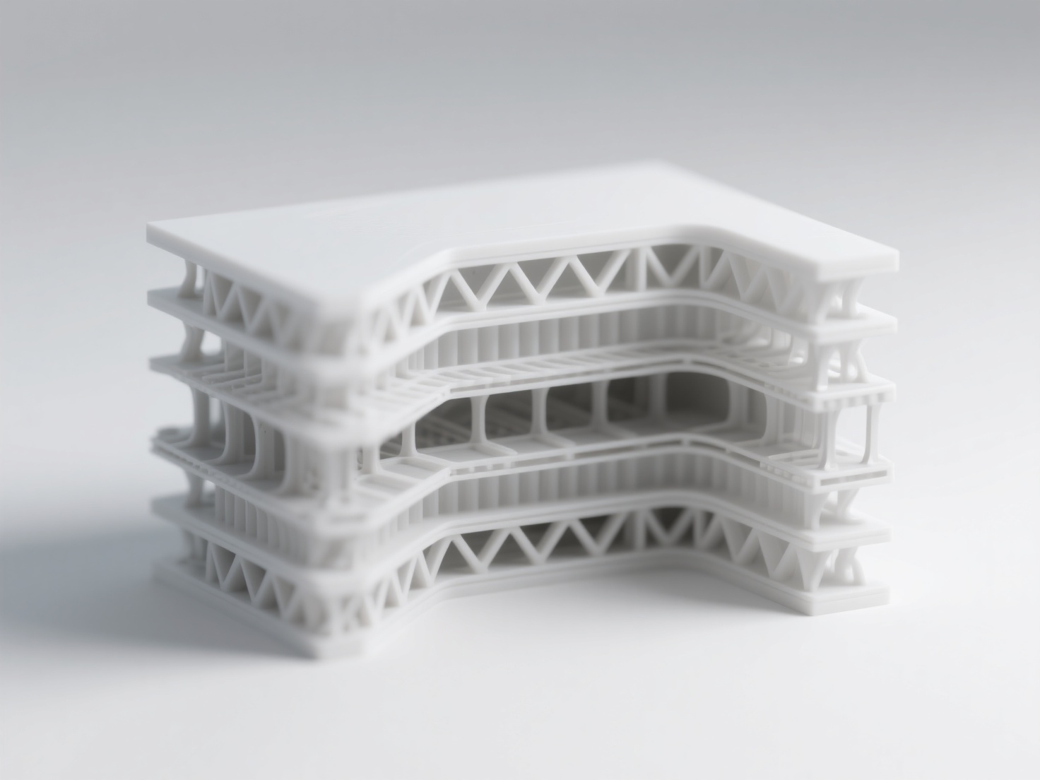 Close-up cross-section of sliced 3D print showing layers, infill, and supports