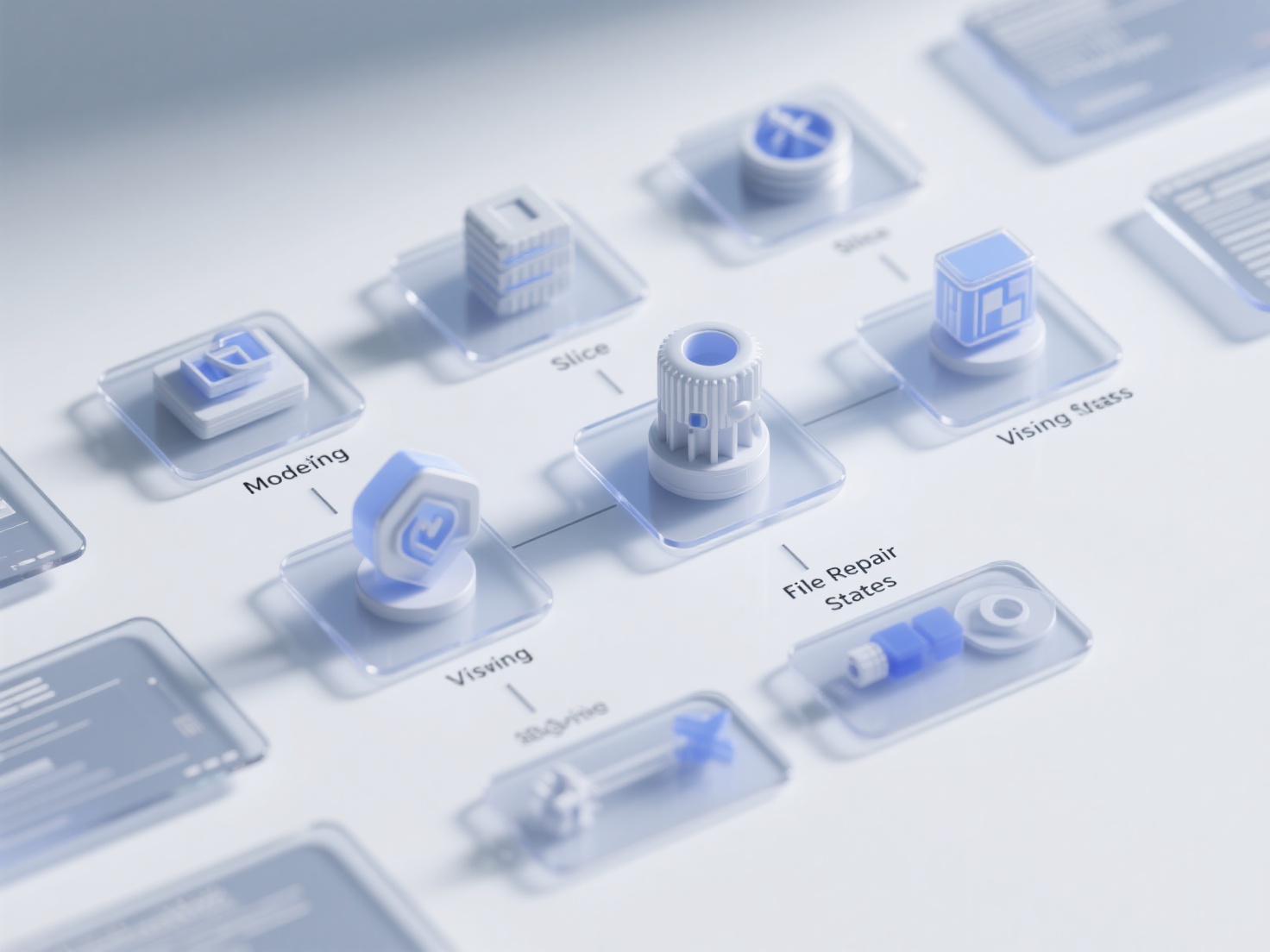 Detailed 3D printing software workflow diagram with modeling, slicing, and repair stages