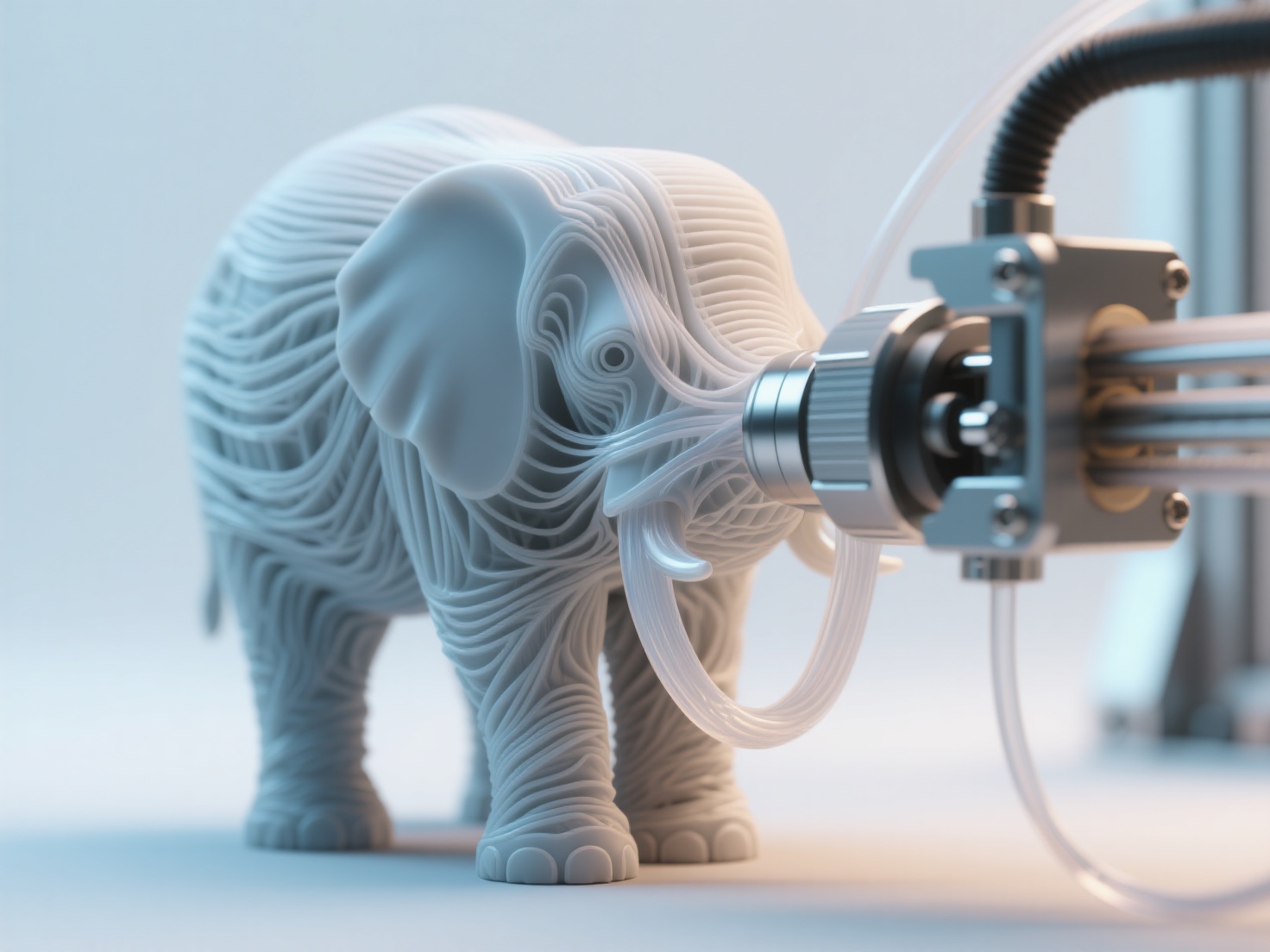 Close-up of 3D printed object displaying warping, stringing, and layer shifting defects