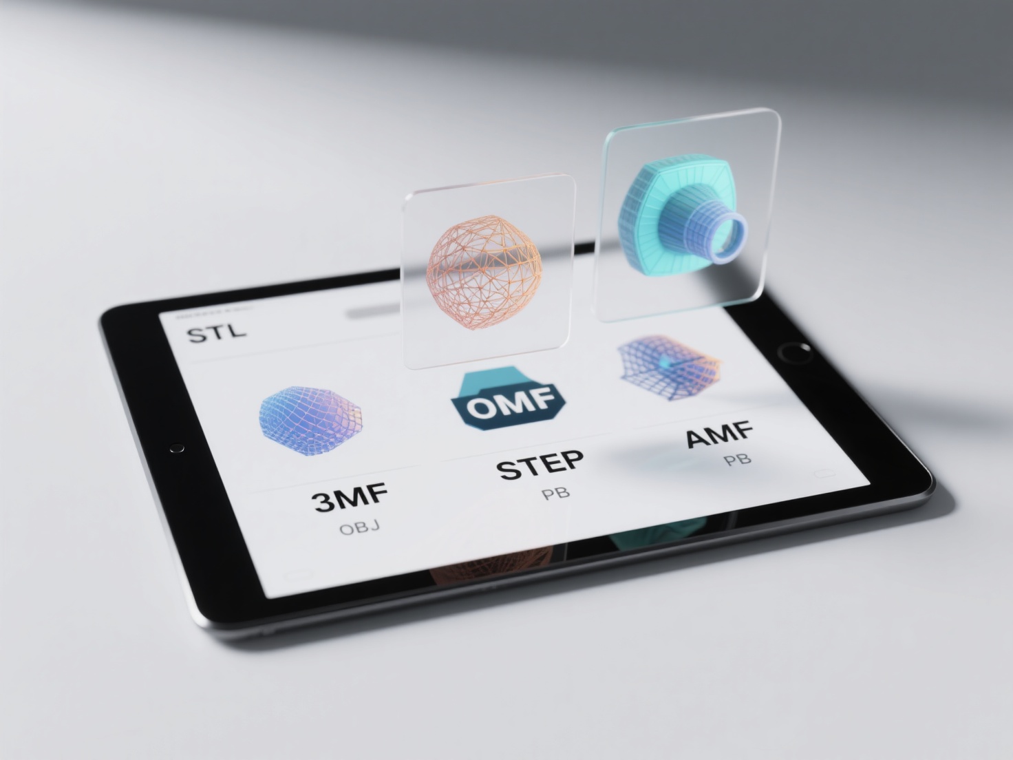 Detailed 3D render comparing characteristics of STL, OBJ, 3MF, STEP, and AMF 3D printing file formats