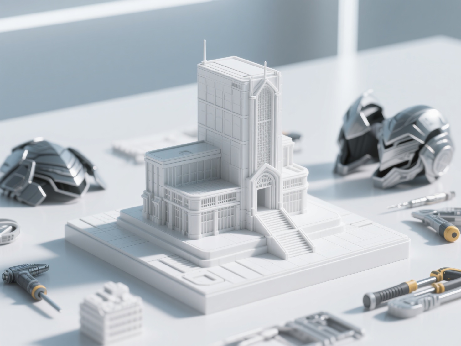 Detailed photorealistic 3D render of architectural scale model and 3D printed cosplay parts