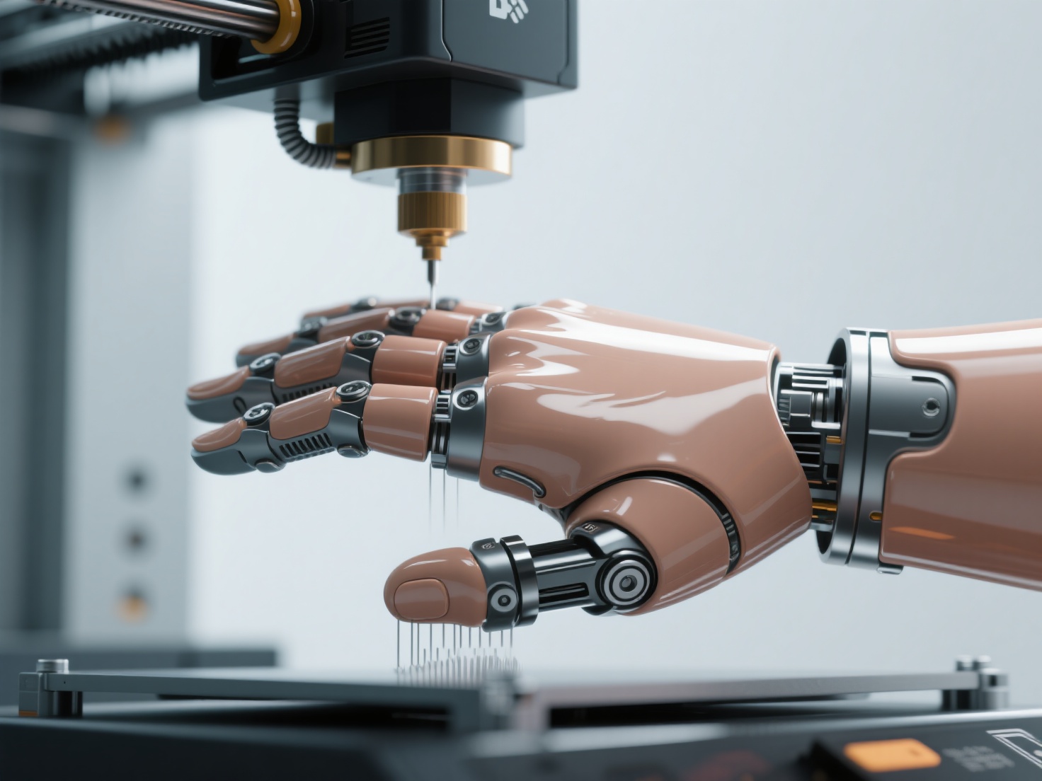 Close-up 3D print of custom prosthetic hand showing layered construction and detailed materials