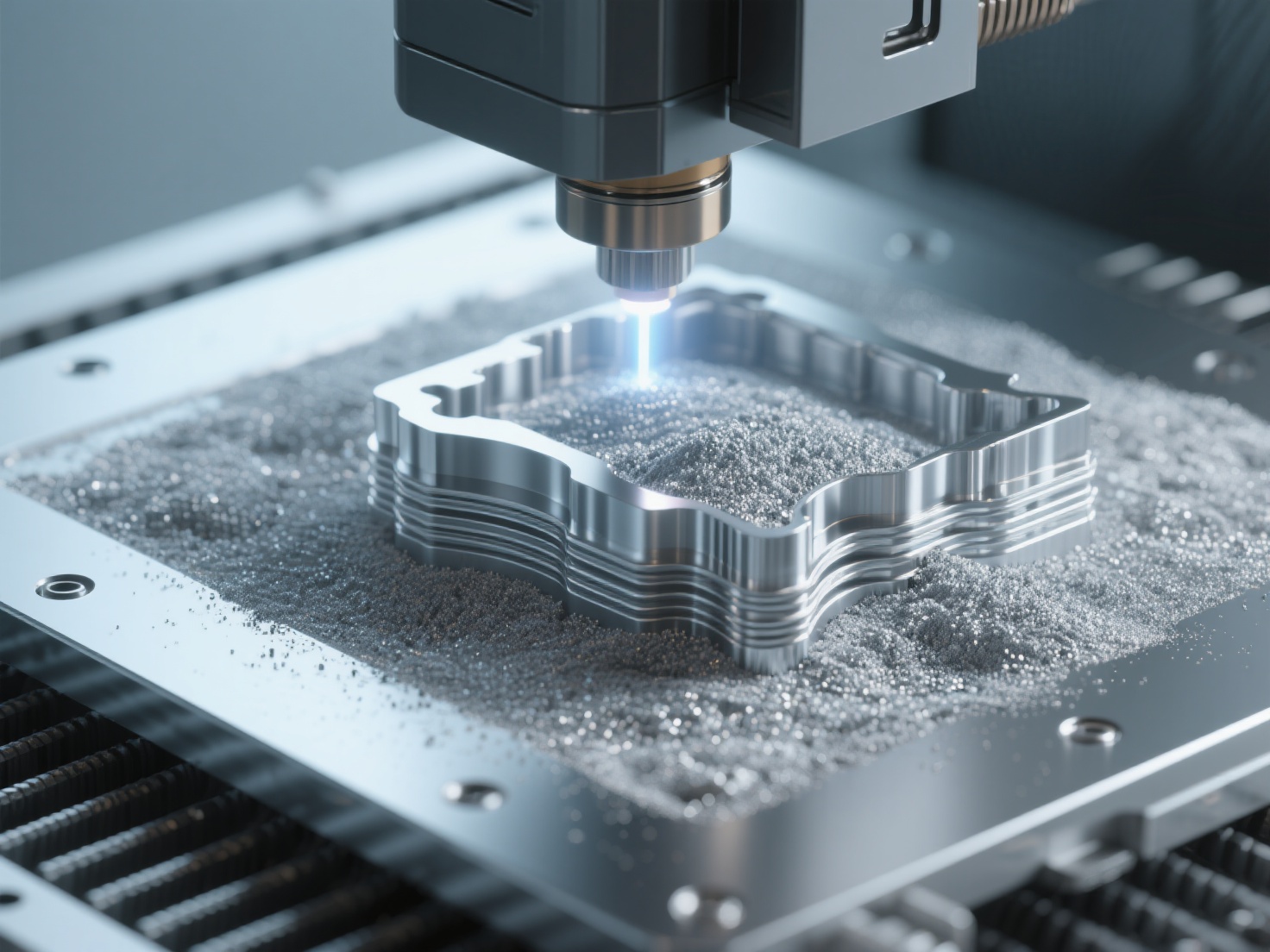 Close-up photorealistic 3D render of Direct Metal Laser Sintering process with titanium powder
