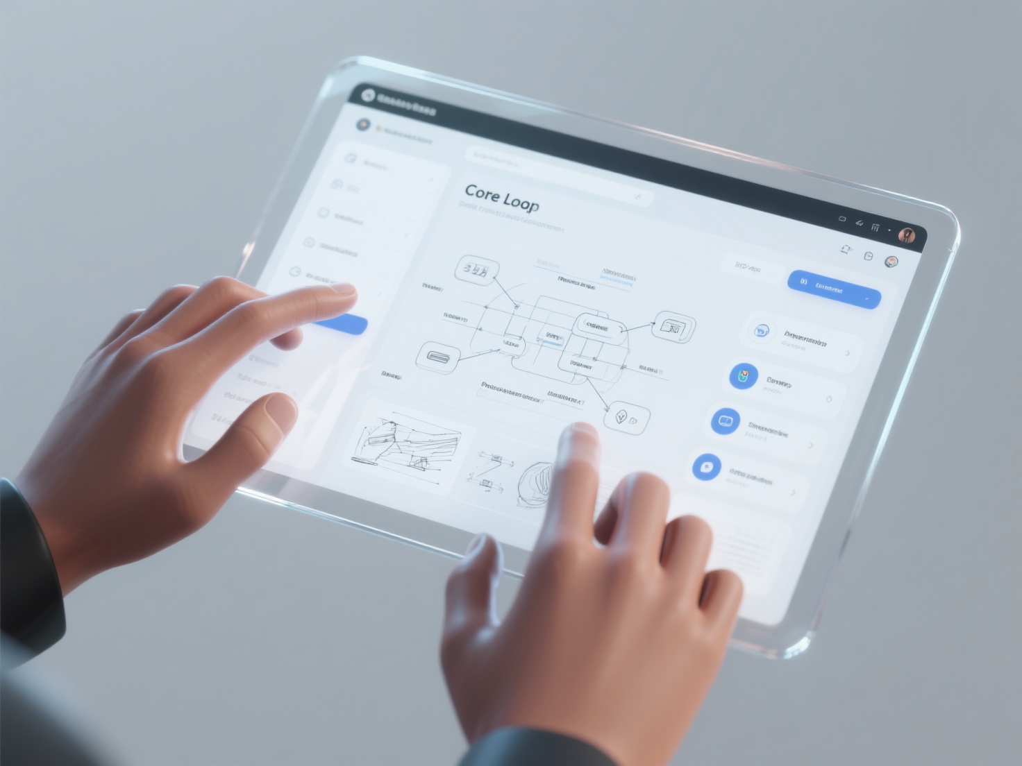 3D render of interactive Game Design Document touchscreen showing core loop and prototyping