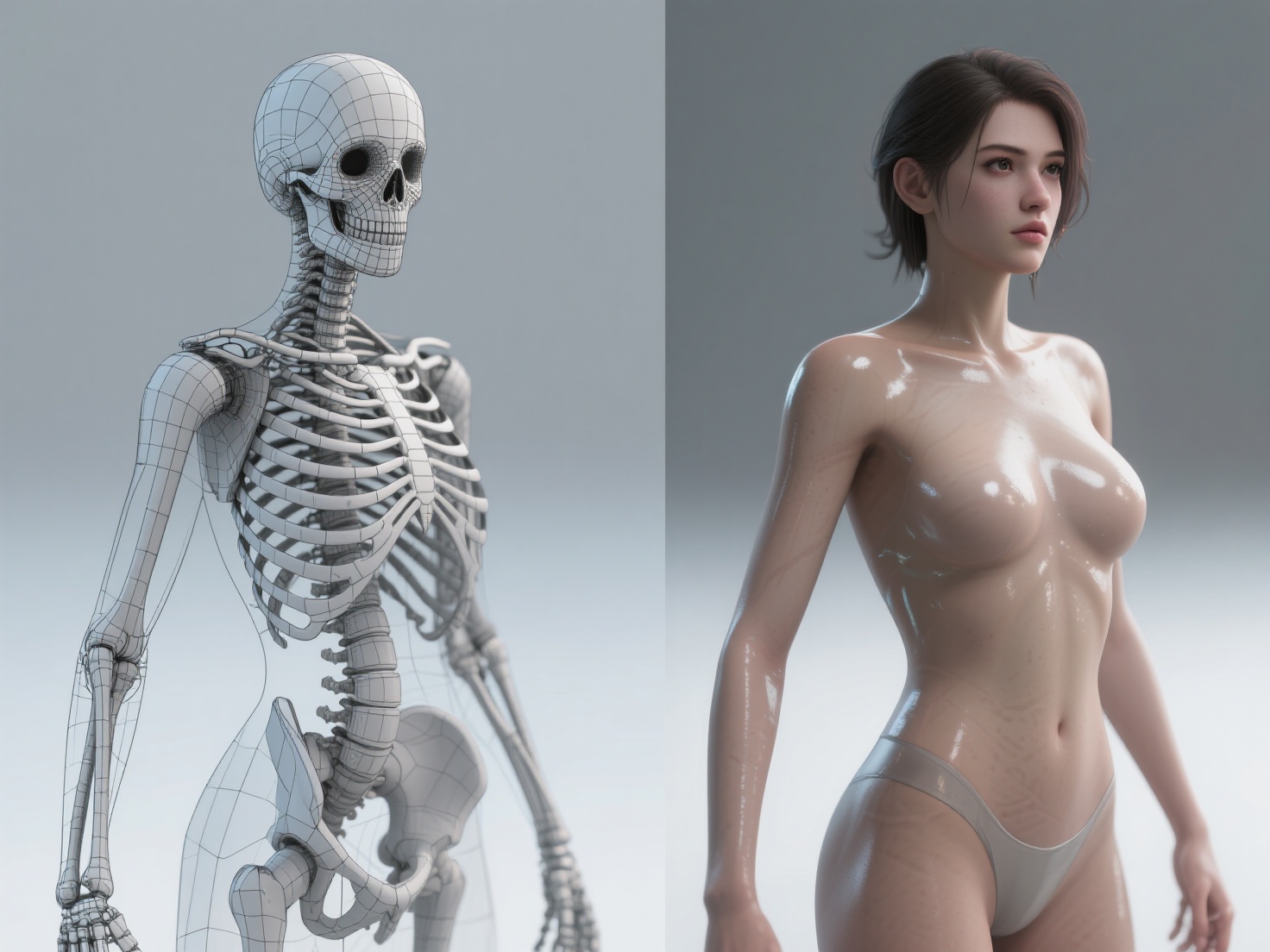 Detailed 3D render illustrating game character design pipeline stages from concept to rigging