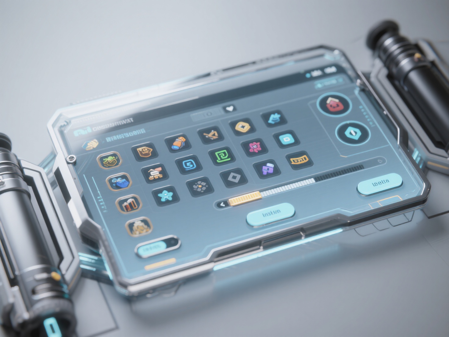 Close-up photorealistic 3D render of a detailed game inventory UI panel with interactive controls