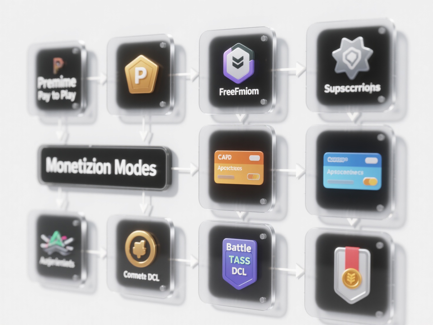 Detailed 3D render of game monetization strategies flowchart with icons