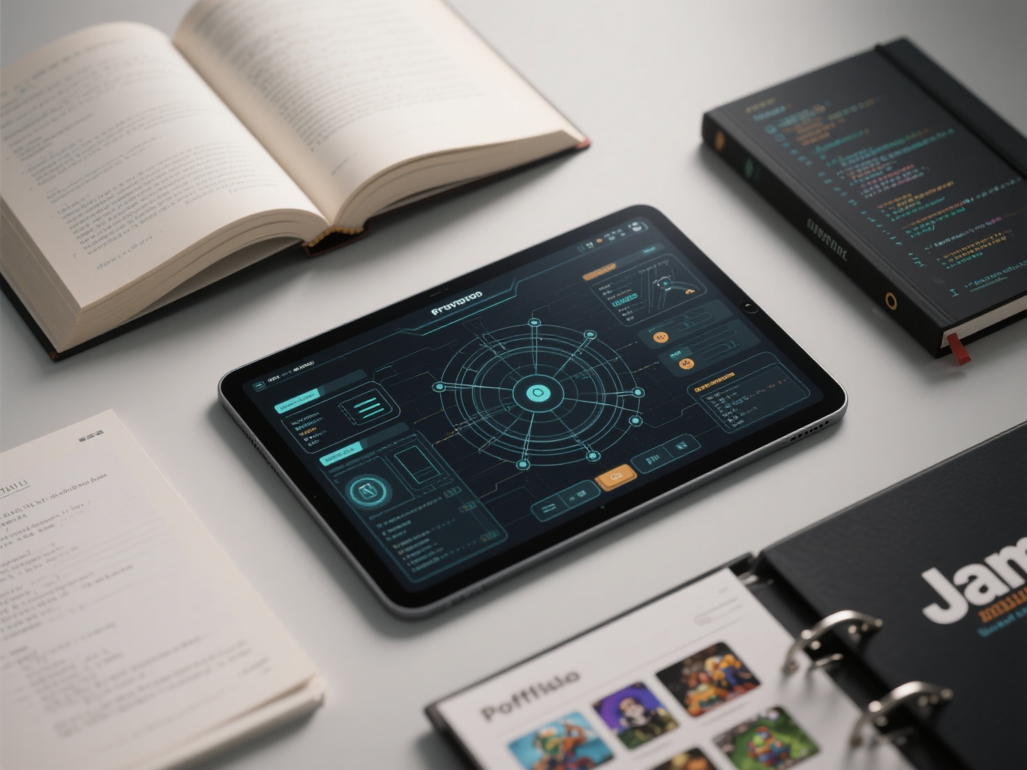 3D render of game design workflow showing prototype on tablet with educational and portfolio elements