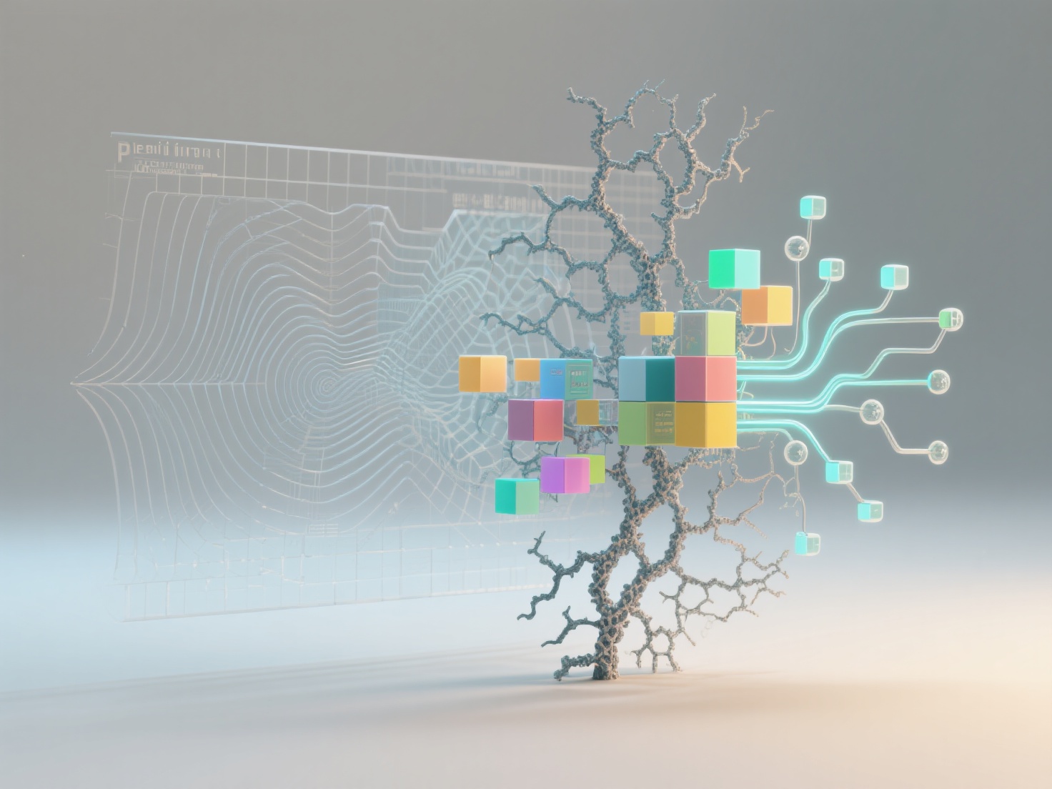 3D render showing procedural generation techniques including noise functions, L-systems, wave function collapse, and AI networks