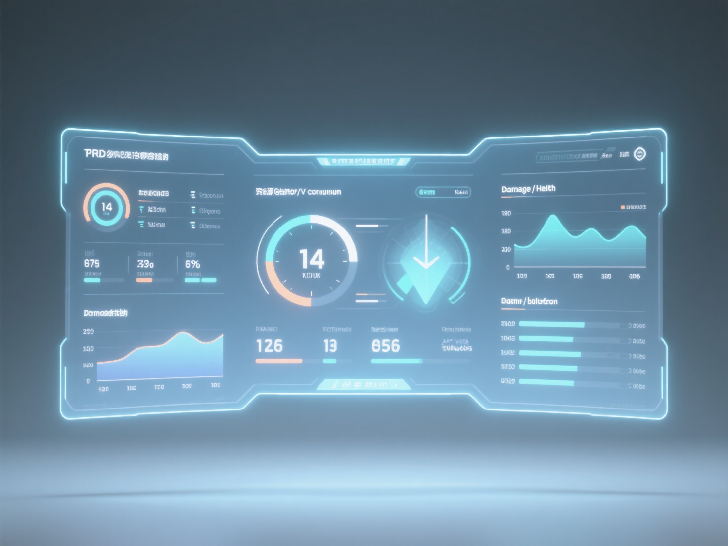 Detailed holographic dashboard displaying game balancing stats and resource management