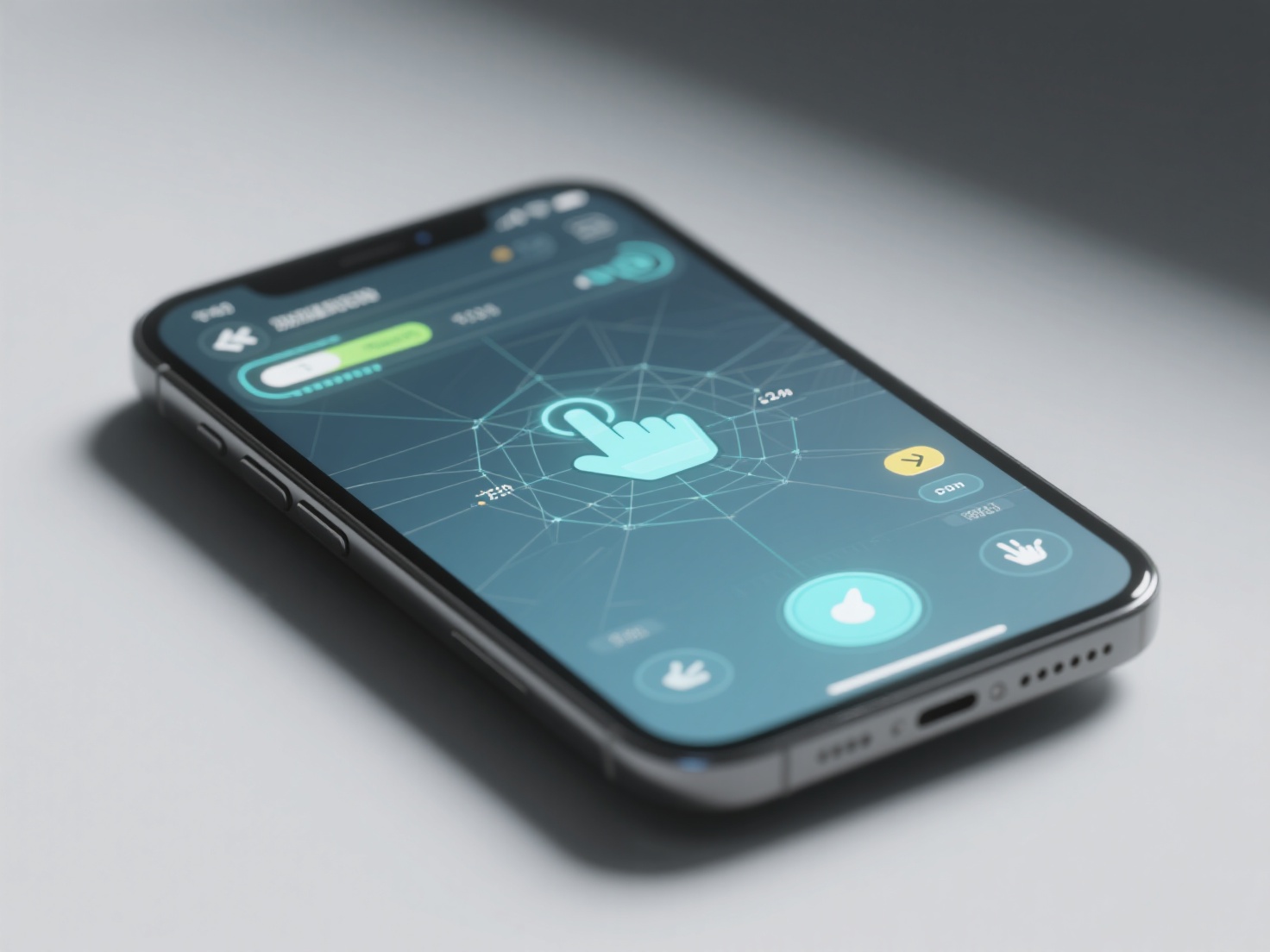 Close-up 3D render of mobile game UI with touch input gestures and scalable interface elements