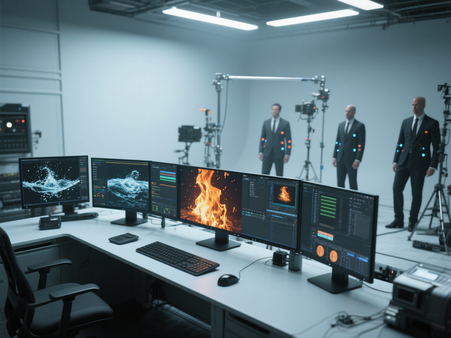 Detailed 3D render of VFX production pipeline showing compositing, simulation, and motion capture setup