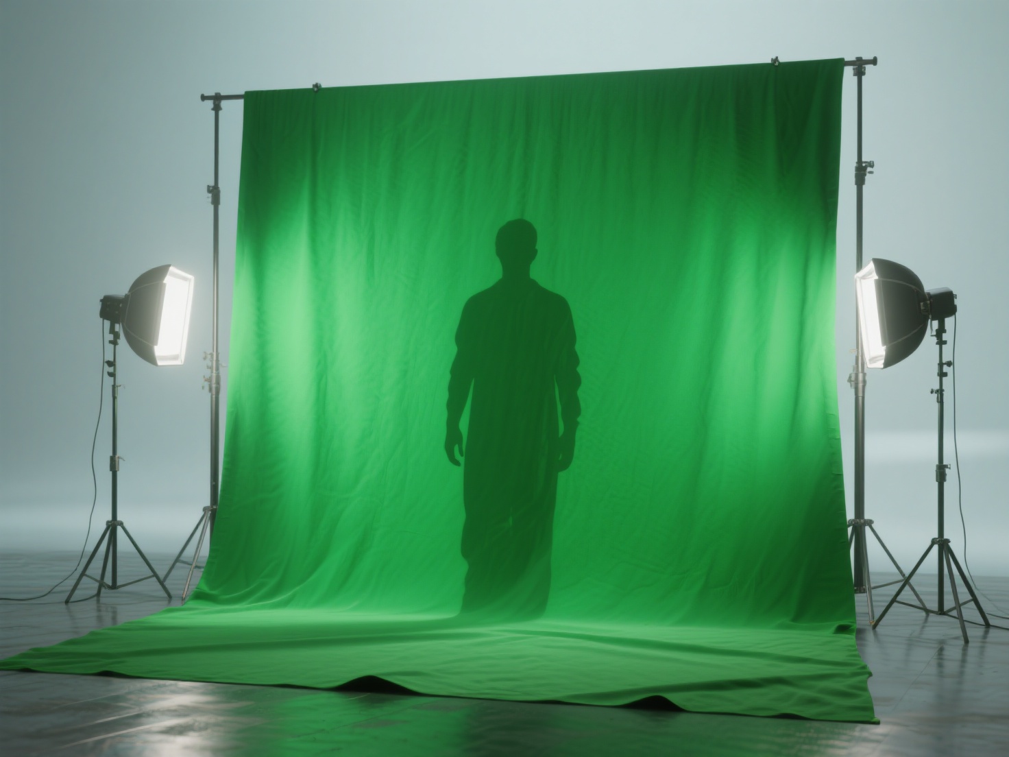 Close-up 3D render of green screen fabric with lighting, spill, and shadow details for chroma key
