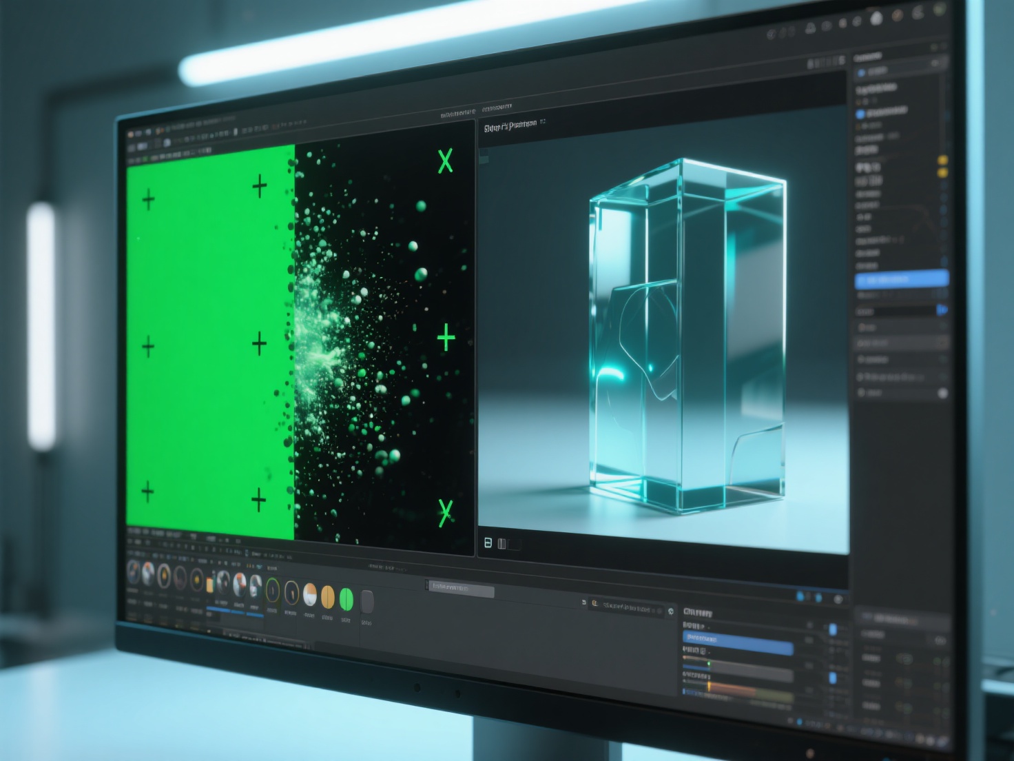 Detailed VFX workflow on monitor showing screen replacement, particle effects, and CGI integration