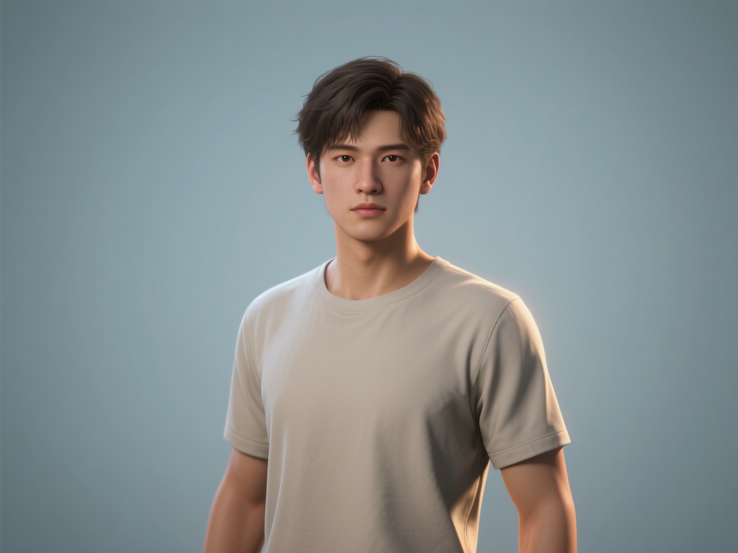 Photorealistic 3D character model with realistic skin and hair in film-quality render
