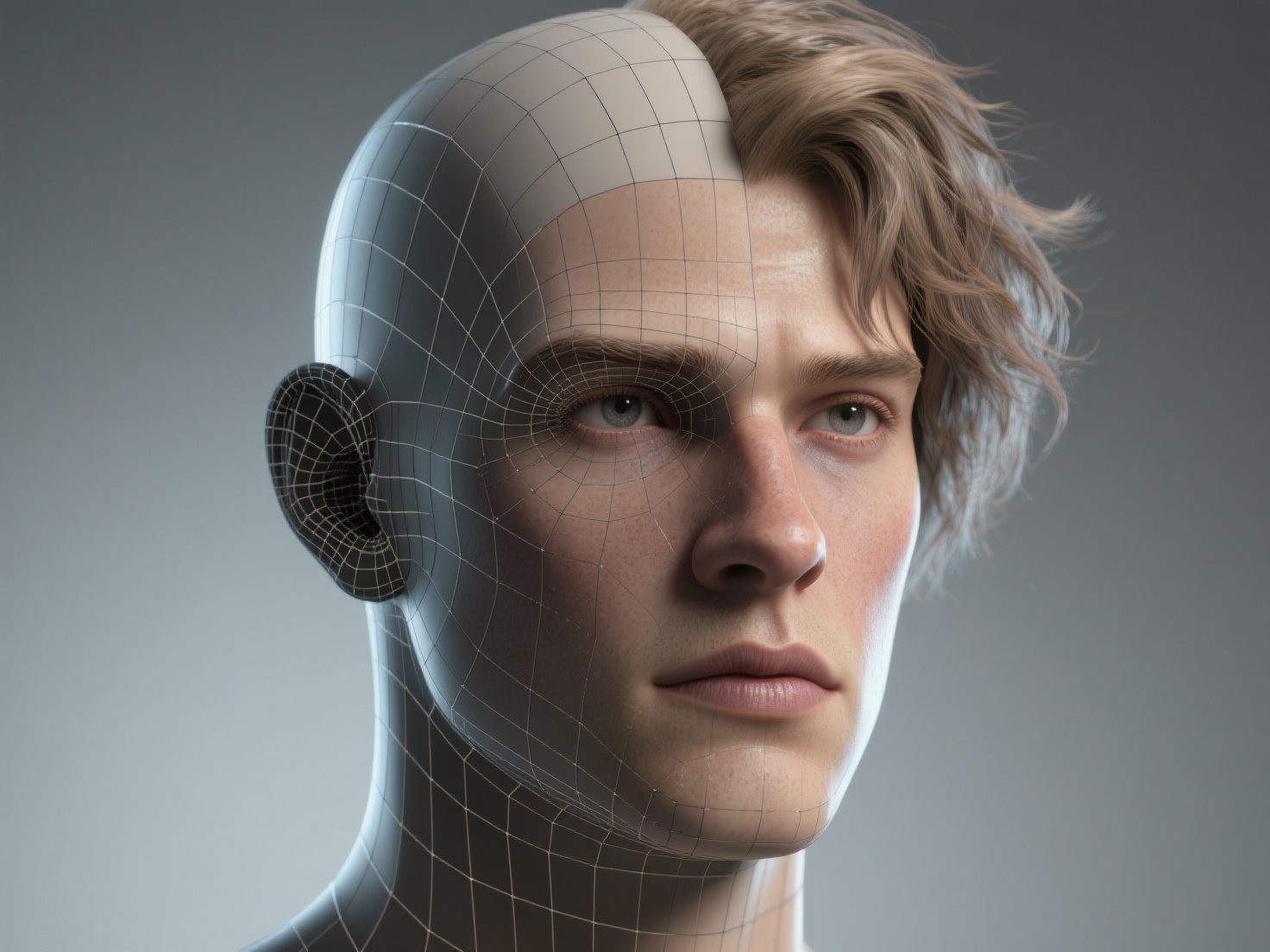 Close-up 3D character head showing sculpting, retopology, UV mapping, and grooming details