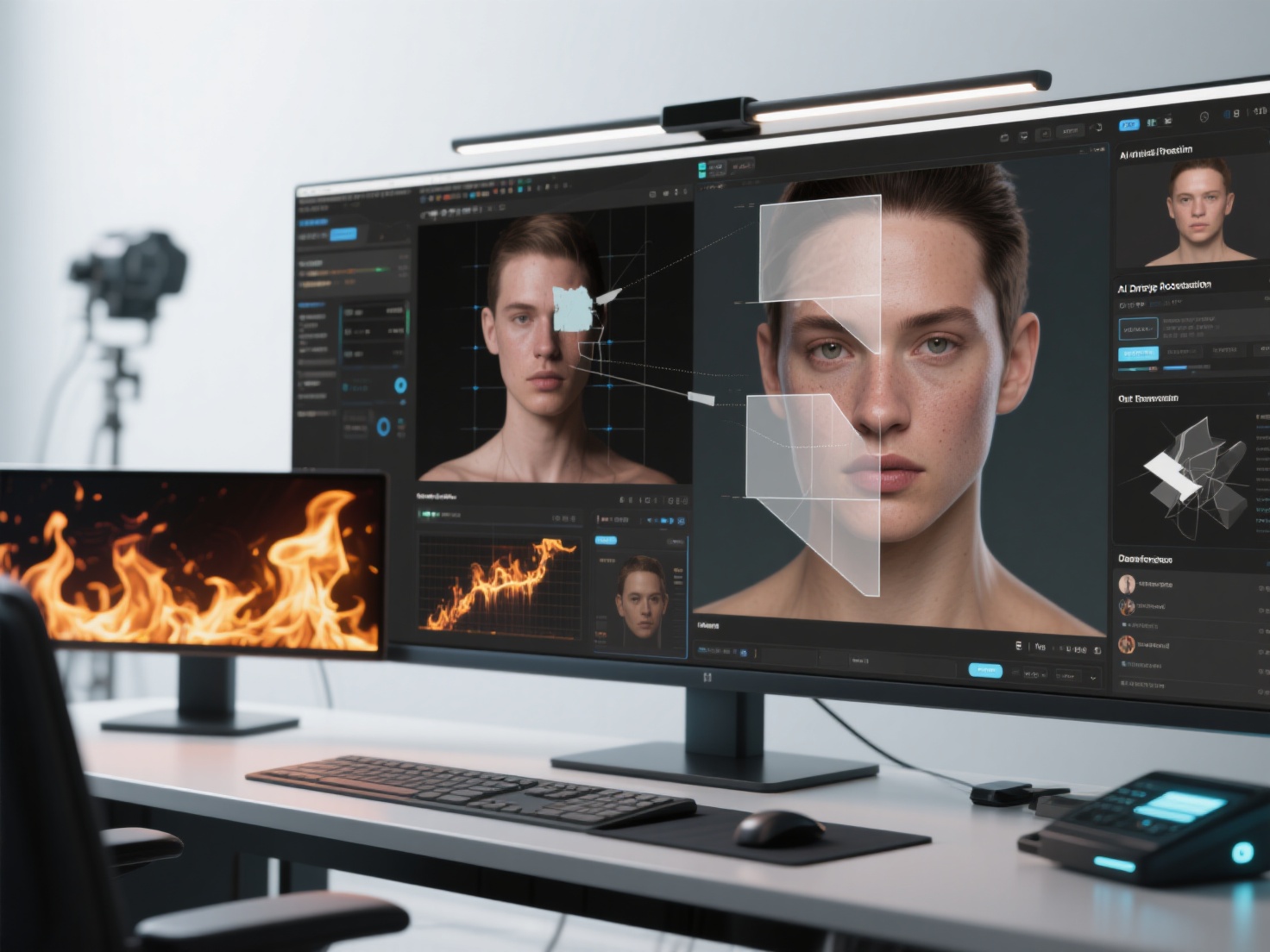 AI-powered VFX workstation demonstrating rotoscoping, deepfake face replacement, and fire simulation