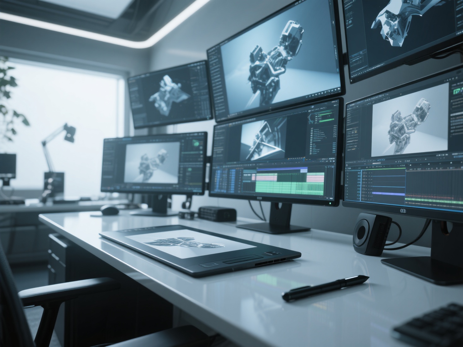Photorealistic 3D render of VFX artist workspace with multiple monitors showing visual effects