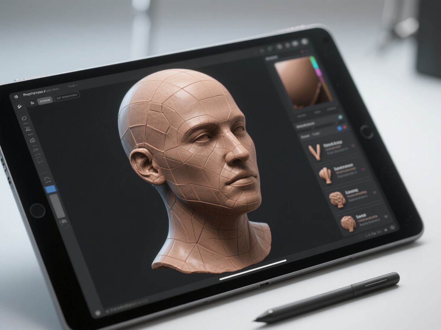 Close-up of digital sculpting interface showing brush tools and partially sculpted 3D bust model
