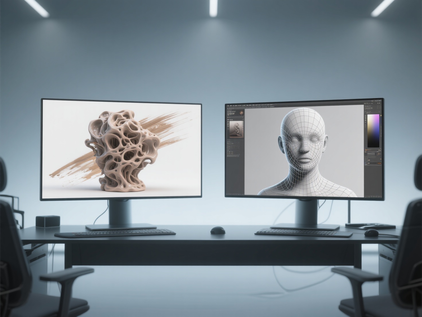 Photorealistic 3D render of dual digital sculpting workstations with detailed 3D models displayed