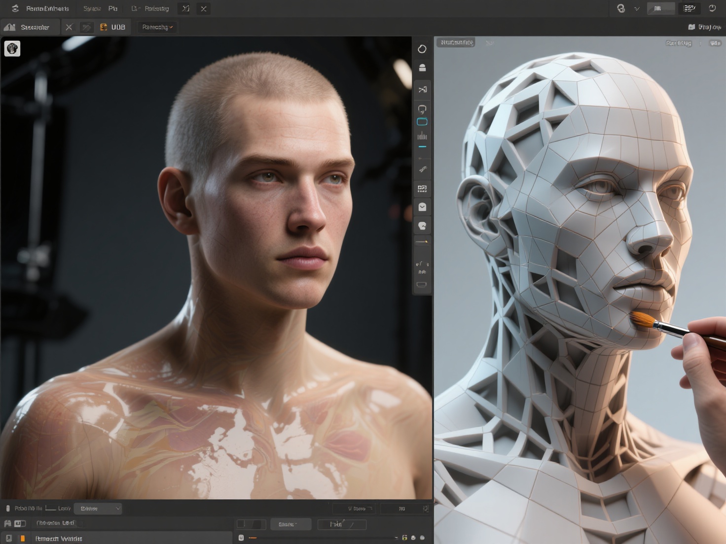 Close-up 3D render of high-polygon digital sculpt with brush interface and detailed textures
