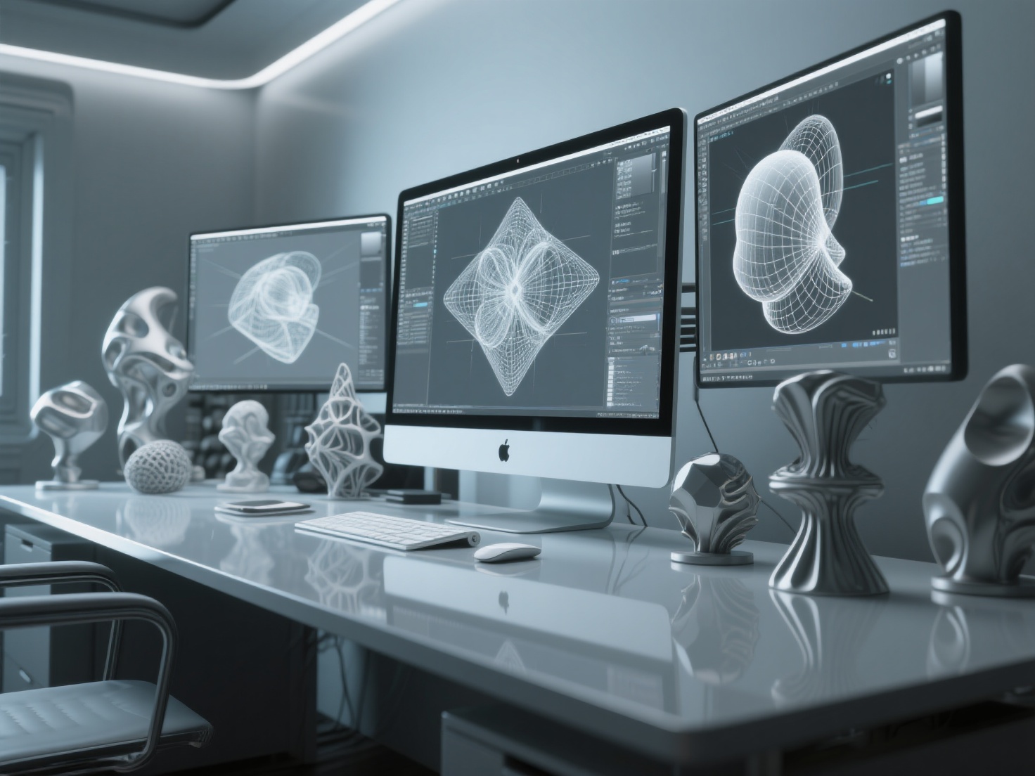 Photorealistic 3D render of diverse 3D art styles and digital workspace for beginners