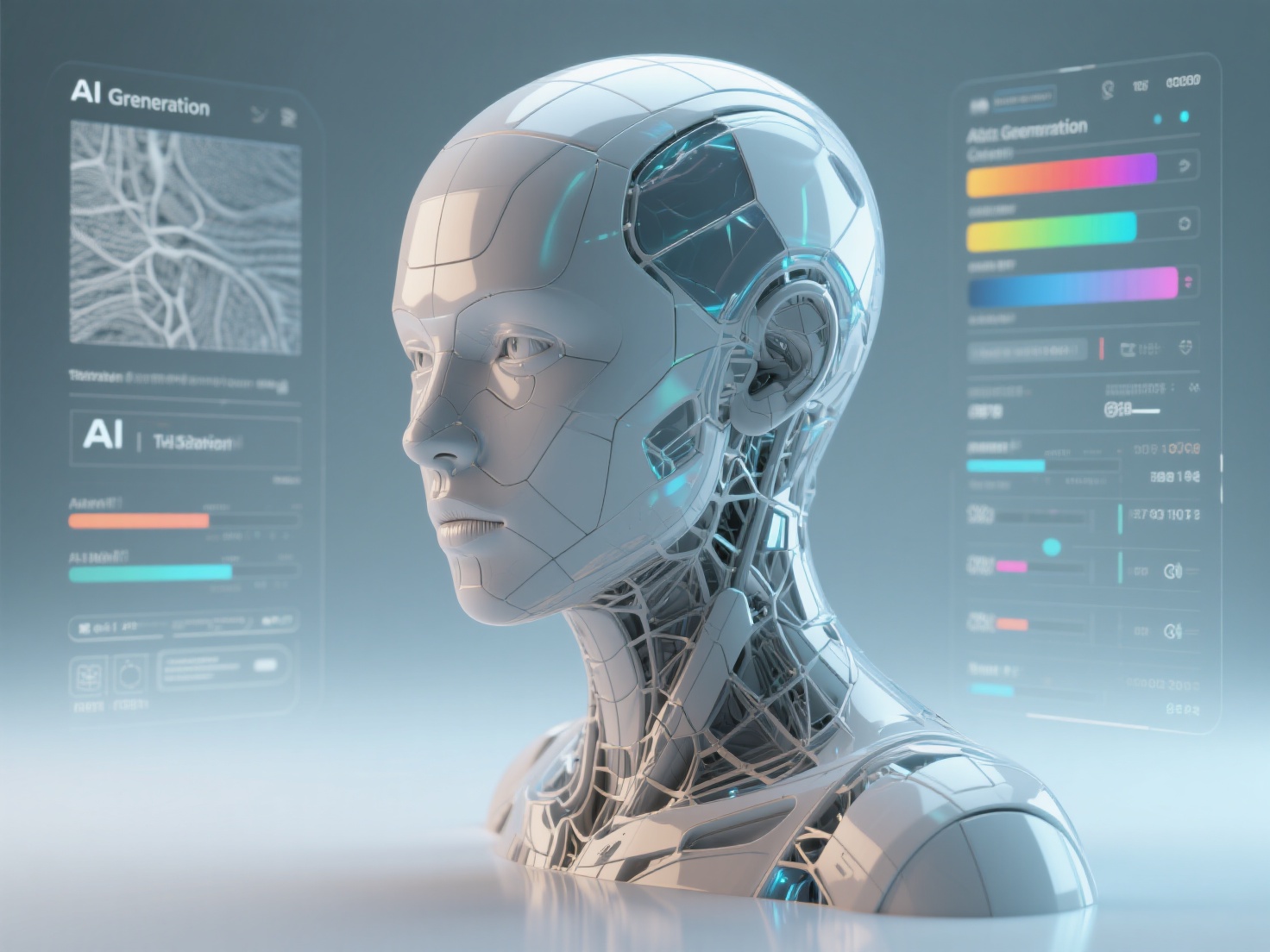 Close-up 3D render of AI-generated detailed model with texture and animation tool interfaces