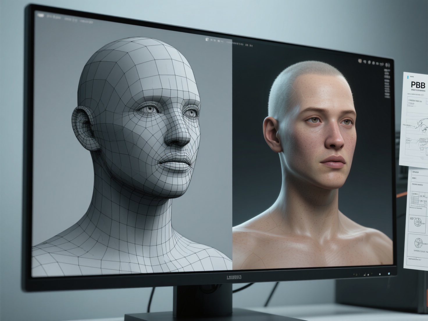 Detailed 3D character model with wireframe and textures illustrating model preparation for sale