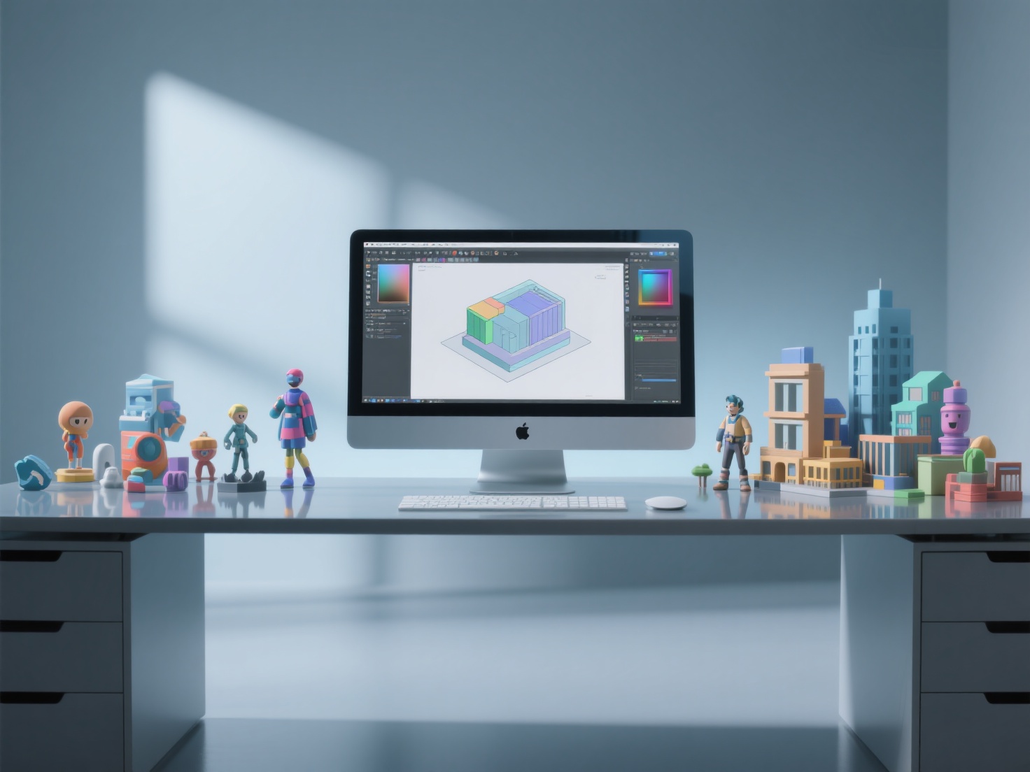3D modeling workspace with diverse digital assets showcasing how to sell 3D models online