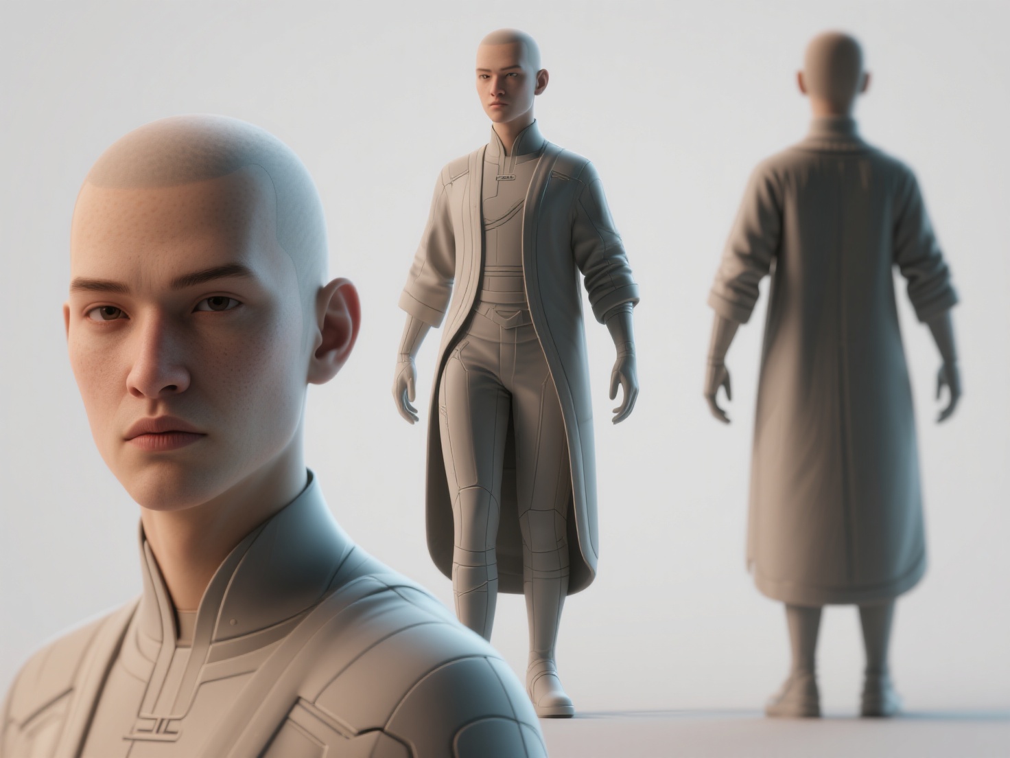 Orthographic turnarounds of detailed 3D character concept with material and color callouts