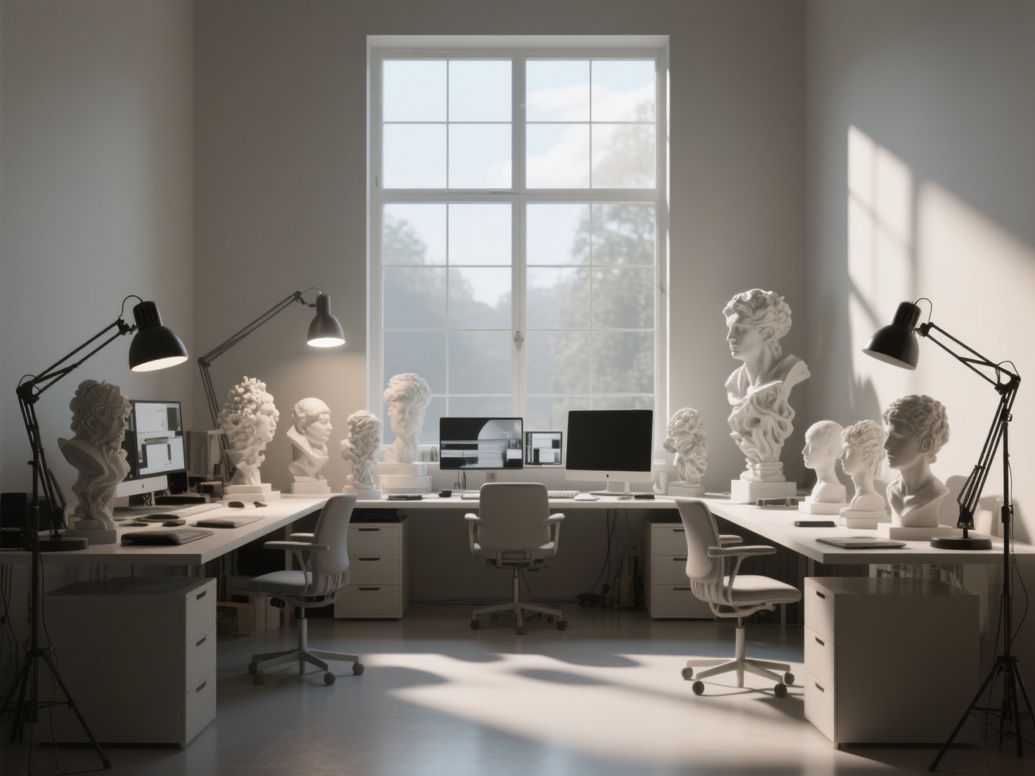 3D artist workspace with sculptures illuminated by diverse lighting setups and realistic shadows