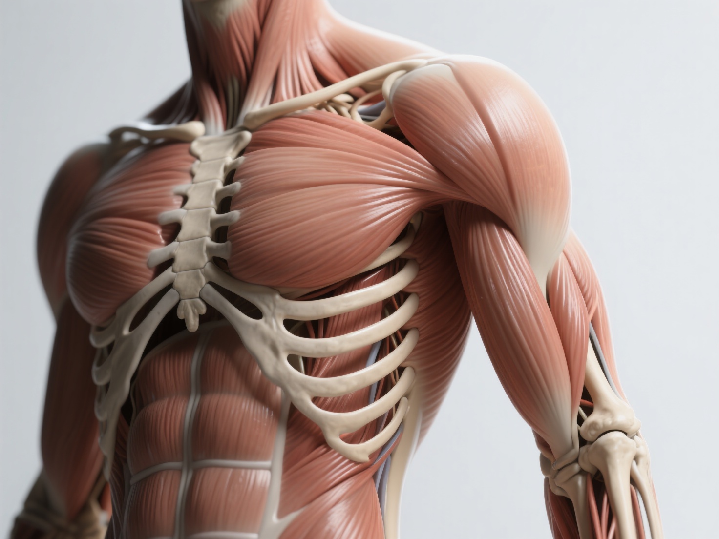 Detailed 3D render of human torso and arm anatomy highlighting muscles and skeletal structure