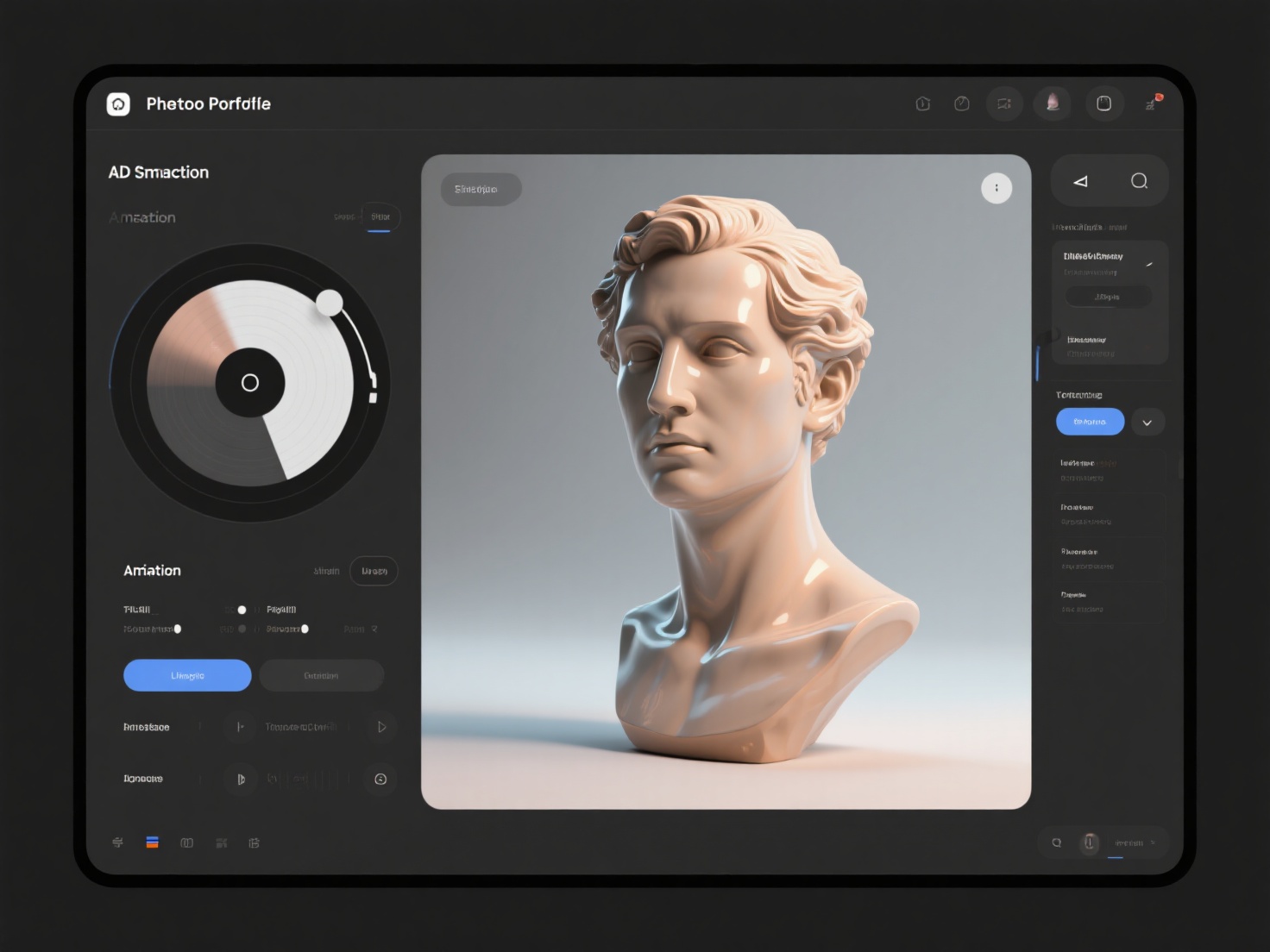 Detailed 3D sculpture turntable portfolio screen with realistic materials and lighting